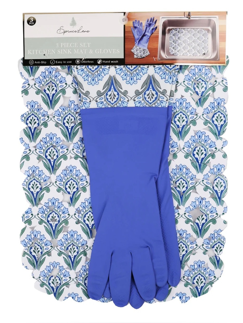 🌸 New Spruce Lane Floral Kitchen Sink Mat and Kitchen Hand Gloves, Blue